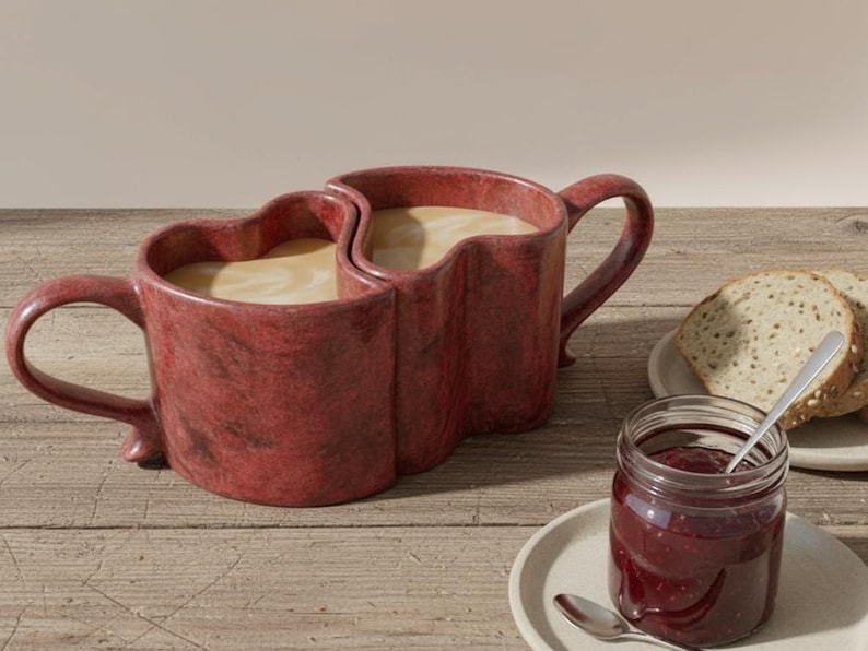 May include: A pair of heart-shaped red mugs filled with coffee, joined together. Beside the mugs are slices of bread on a plate, and a jar of jam with a spoon. The mugs have a marbled texture.