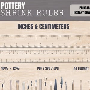 The image is a promotional image for a pottery shrink ruler, which is a tool used in pottery to measure and shrink clay pieces. The ruler is displayed on a wooden background, with various sizes of the ruler visible.