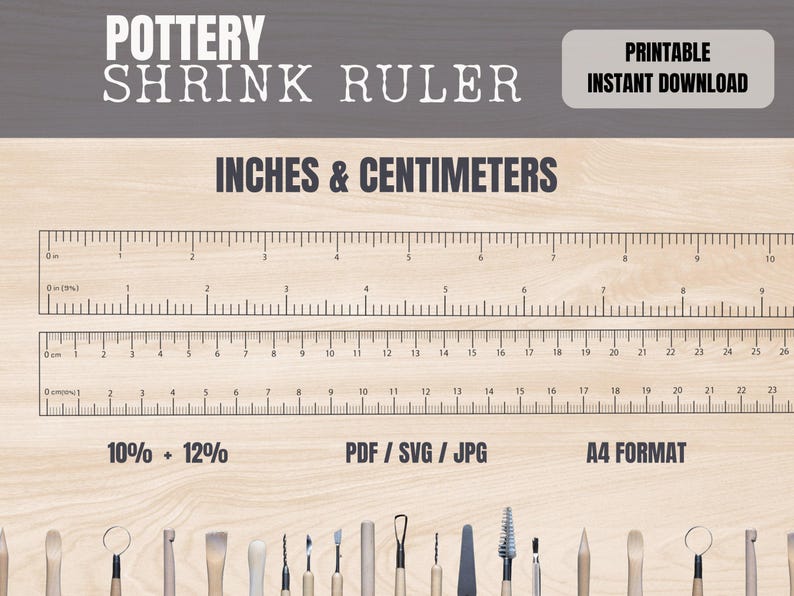 The image is a promotional image for a pottery shrink ruler, which is a tool used in pottery to measure and shrink clay pieces. The ruler is displayed on a wooden background, with various sizes of the ruler visible.