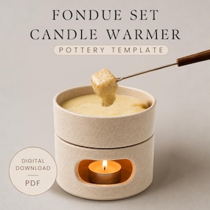 May include: A beige ceramic fondue set candle warmer pottery template digital download PDF. The set features a cylindrical bowl filled with melted cheese and a base with a lit tea light candle. A metal fork holds a piece of bread above the bowl.