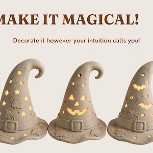 three witch hats with carved designs, including stars, bats, and a jack-o-lantern face, arranged in a row.