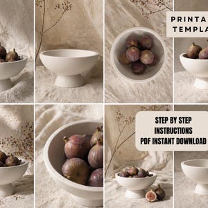 The image is a collage of six images showing different bowls containing various fruits, including figs. The bowls are placed on a white cloth background, and the images are arranged in a grid format.