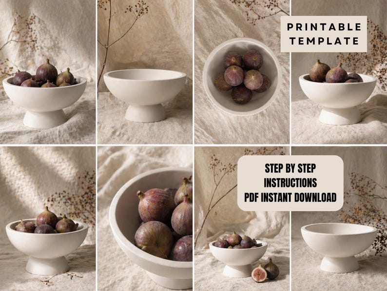 The image is a collage of six images showing different bowls containing various fruits, including figs. The bowls are placed on a white cloth background, and the images are arranged in a grid format.