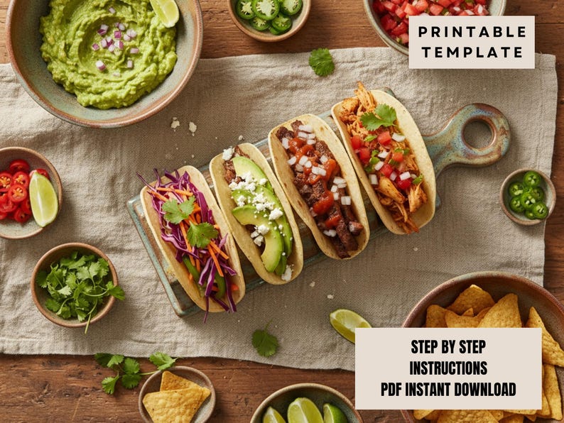 May include: A top-down view of a table set with Mexican food. There are tacos with various fillings, guacamole, salsa, tortilla chips, and lime wedges. The image also has text that says "PRINTABLE TEMPLATE" and "STEP BY STEP INSTRUCTIONS PDF INSTANT DOWNLOAD".