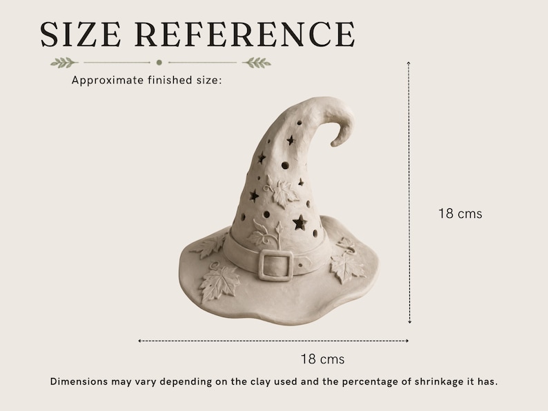 a detailed illustration of a witch's hat, with measurements and text providing information about the hat's size.