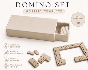 May include: A ceramic domino set pottery template digital download PDF featuring a beige rectangular sliding box containing dominoes, with additional dominoes arranged on the surface. Text includes CERAMIC DOMINO SET, POTTERY TEMPLATE, DIGITAL DOWNLOAD, PDF, HANDMADE CERAMIC SET, MINIMAL & TIMELESS DESIGN, INSTANT DOWNLOAD, PRINT & CREATE AT HOME, CREATE, PLAY, ENJOY.