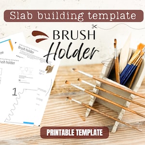 May include: Printable template for building a brush holder out of clay. The template includes instructions and diagrams for creating the holder. The image shows a finished brush holder with paintbrushes inside.