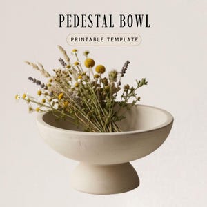 Puede incluir: Un cuenco con pedestal de color crema lleno de flores secas y vegetación. El cuenco tiene una base ancha y poco profunda y una base de pedestal redondeada. El texto de la imagen dice "PEDESTAL BOWL" y "PRINTABLE TEMPLATE".