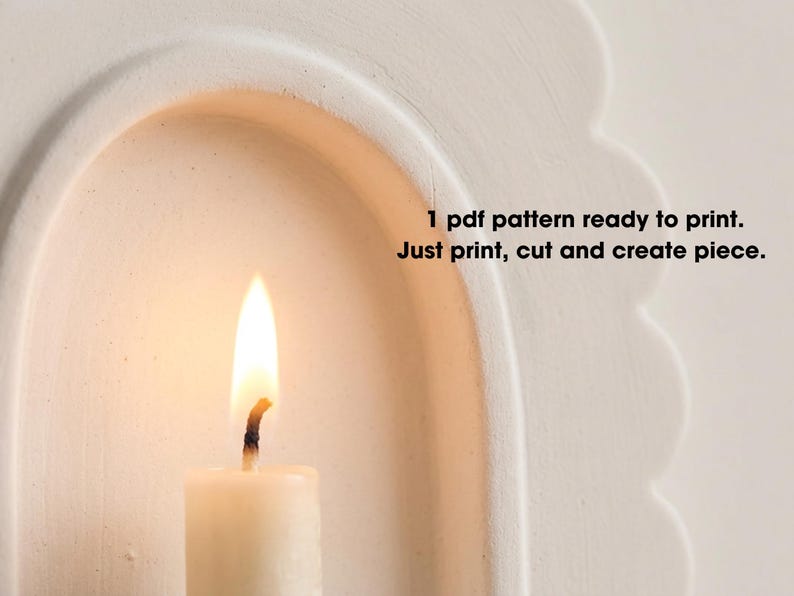 A lit candle in a white archway, with text overlaid that reads "1 PDF pattern ready to print. Just print, cut and create piece."