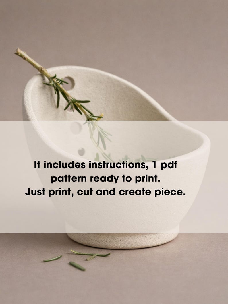 a white ceramic bowl with a sprig of greenery inside, accompanied by text that provides instructions for creating a piece of art using the provided pattern.