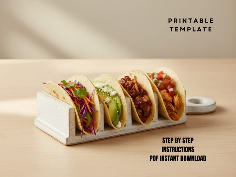 May include: A white ceramic taco holder containing five filled tacos. The tacos are filled with ingredients like shredded cabbage, avocado, and meat. The text "PRINTABLE TEMPLATE" and "STEP BY STEP INSTRUCTIONS PDF INSTANT DOWNLOAD" are visible.