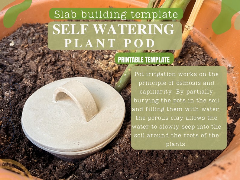 May include: A white ceramic self-watering plant pod with a handle. The pod is partially buried in soil in a terracotta pot. The text "Slab building template SELF WATERING PLANT POD PRINTABLE TEMPLATE" is at the top of the image. The text "Pot irrigation works on the principle of osmosis and capillarity. By partially burying the pots in the soil and filling them with water, the porous clay allows the water to slowly seep into the soil around the roots of the plants." is at the bottom of the image.