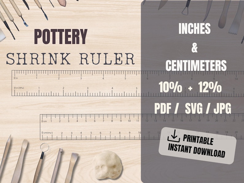 The image is a promotional poster for a pottery stretch ruler, which is used for measuring the dimensions of pottery pieces. The ruler is accompanied by various pottery tools and a clay ball, indicating that it is a product for pottery artists. The poster also includes text that provides information about the ruler, such as its size, 10% and 12% increments, and the option to print a digital version.