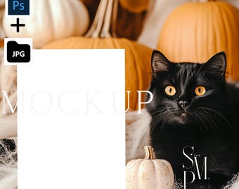 Halloween Card Mockup: Black Cat, Pumpkins, Spider Web (5x7 JPG & PSD)