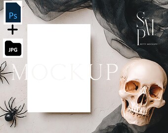 Halloween Card Mockup: Skull, Spiders, Black Tulle (5x7 JPG & PSD)