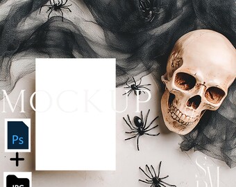 Halloween Card Mockup | Skull, Spider, Tulle Scene (JPG & PSD)