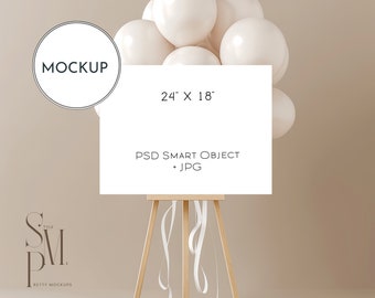 Easel Welcome Sign Mockup: 24x18 Balloon Display (PSD & JPG)