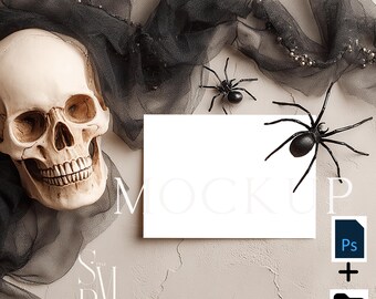 Halloween Card Mockup: Skull, Spiders, Black Tulle (JPG & PSD)