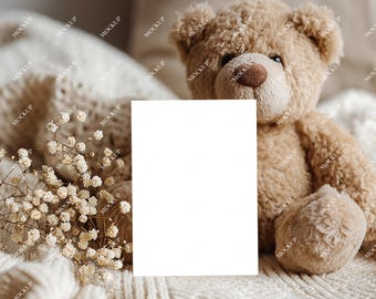 Teddy Bear Card Mockup, 5x7 Baby Shower Invitation, Boho Neutral (JPG PSD Digital Download)