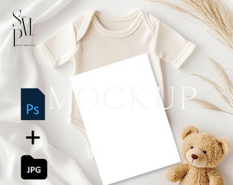 5x7 Baby Invitation Card Mockup, Cute Stuffed Bear and Baby Onesie, Soft Neutral Aesthetic, PSD Smart Object & JPG, Baby Shower Announcement
