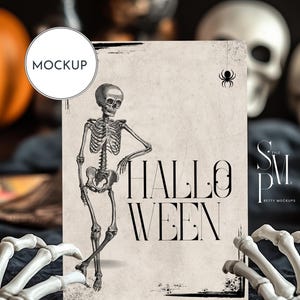 5x7 Inch Halloween Card Mockup, Skeleton Holding Blank Card Invitation Template, PSD Smart Object, Blank Greeting Card Display, 5&quot;x7&quot;