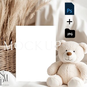 5x7 Card Mockup, Boho Baby Shower Invitation Mockup with Dried Florals and Teddy Bear, PSD with Smart Object and JPG, Neutral Nursery Style