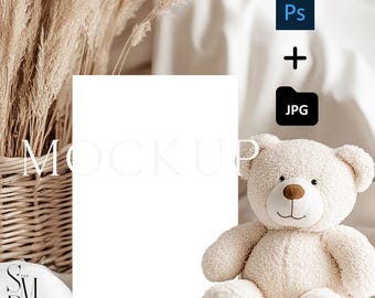Boho Baby Shower Invitation Mockup: 5x7 Card with Teddy Bear (PSD & JPG)