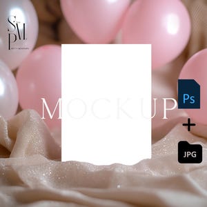 5x7 Card Mockup with Pink and White Balloons, Elegant Invitation Mockup, PSD Smart Object and JPEG, Sophisticated Printable Display