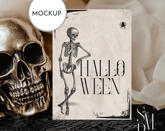 Halloween Card Mockup: 5x7 Gold Skull Invitation (PSD & JPG)