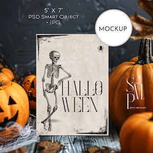 Halloween Card Mockup 5x7 Inch, Pumpkin Invitation Template, PSD Smart Object, Blank Greeting Card Display, 5&quot;x7&quot;