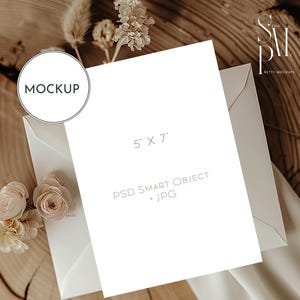 5x7 Inch Blank Card Mockup with Boho Floral, Minimalist Wedding Invitation Mockup, Peach and Cream Dried Flowers, JPG and PSD Smart Object