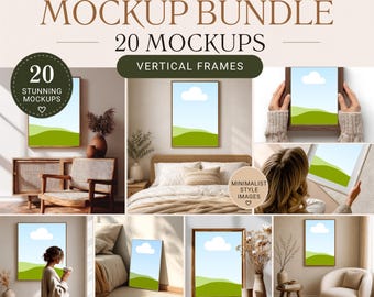 May include: A digital bundle of 20 vertical wall art mockups featuring various interior settings with blank frames. The text reads CANVA WALL ART MOCKUP BUNDLE, 20 MOCKUPS, VERTICAL FRAMES, 20 STUNNING MOCKUPS, MINIMALIST STYLE IMAGES, EASY TO USE, HIGH QUALITY, INSTANT DOWNLOAD, COMMERCIAL USE.
