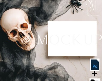 Halloween Card Mockup | Skull, Spider, Black Tulle (JPG & PSD)