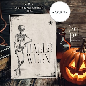 Halloween Card Mockup 5x7 Inch, Pumpkin Invitation Template, PSD Smart Object, Blank Greeting Card Display, 5&quot;x7&quot;
