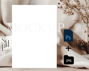 May include: A white mockup template with the word "MOCKUP" in white text on a beige fabric background. The text "Ps" and "JPG" are in black boxes with a plus sign between them.