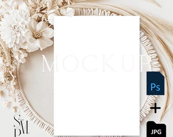 5x7 Card Mockup: Boho Dried Floral Invitation Display (PSD, JPG)