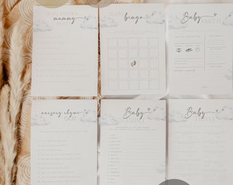 On Cloud Nine Baby Shower Games Bundle Set, Gender Neutral Boho Cloud 9 Printable Activity Party Pack Instant Digital Download CN001