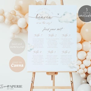 May include: A light blue seating chart with the text "Little Piece of Heaven is on the way! Find your seat." The chart is on a wooden easel, surrounded by beige balloons. The words "Instant Download" and "Edit in Canva" are also visible.
