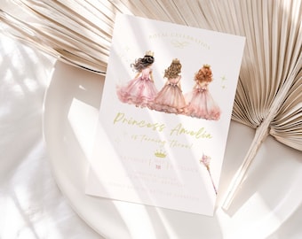 Princess Birthday Invitation Editable Gold Pink Party Invite Template Printable | Royal Birthday Magical Party | Canva Editable Invite P002