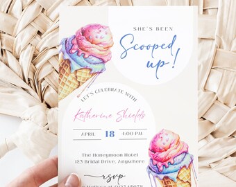 Invitación para despedida de soltera con temática de helados / Invitación de helado rosa / Plantilla digital editable SC001