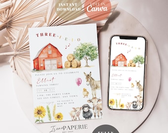 Three I E I O Birthday Invitation Bundle, Farm Party Printable and Digital Invite 3rd Birthday Farm Animals Digital Download TH001