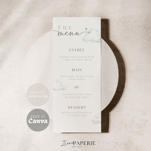 Menu na Baby Shower w chmurze, neutralne pod względem płci, Baby Shower w chmurze | Szablon karty menu na Baby Shower w chmurze, edytowalny, do wydrukowania, dekoracja w chmurze CN001