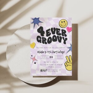 Four Ever Groovy Birthday Invite 4th Birthday Invitation Four Ever Young Birthday Invite Smiley Face Retro Hippie 70s Vibe Birthday FG01