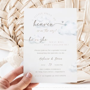 A Little Piece of Heaven Gender Reveal Invite, genere neutro, nuvola, tema Baby, Boho Boho Invite, ragazzo o ragazza, modificabile e stampabile GC001