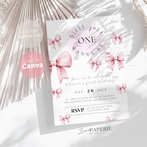 Girls Just Wanna be One Invitation First Birthday Girls 1st Birthday Invite Template | My First Year One Year Pink Bow Invite GB01