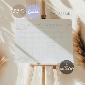 Little Piece of Heaven Baby Shower Guess the Due Date Calendar | Boho Gender Neutral Cloud Baby Shower Games Cloud Theme Printable CN002