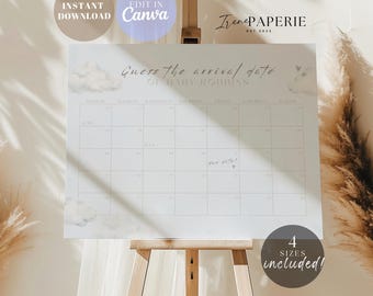 Könnte beinhalten: Ein weißer Kalender mit dem Text "Guess the arrival date of BABY ROBBINS" und einem Raster zur Datumsverfolgung. Das Design umfasst Wolken- und Herzakzente. Die Wörter "INSTANT DOWNLOAD" und "EDIT IN Canva" sind ebenfalls sichtbar.