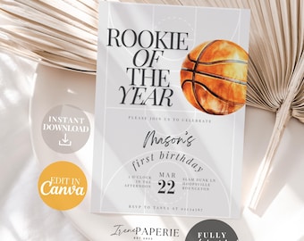 Basketball Birthday Invitation Digital Download, Rookie of the Year Boy Party Invite, Sports First Birthday Editable Canva Template RK01
