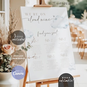 Puede incluir: Un cartel blanco de distribución de mesas para bodas sobre un caballete de madera con el texto "WE'RE ON cloud nine" y "find your seat" junto a ilustraciones de nubes en acuarela. El cartel enumera los nombres de los invitados por mesa.