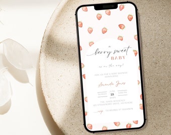Strawberry Baby Shower Evite | Berry Sweet Baby On The Way Electronic Invite Girl Baby Shower Gender Neutral Phone Text Evite Digital BB001